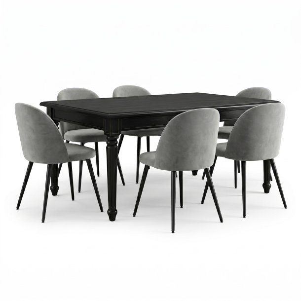 Amaretta matgrupp bord svart 6 stolar velour gr�.