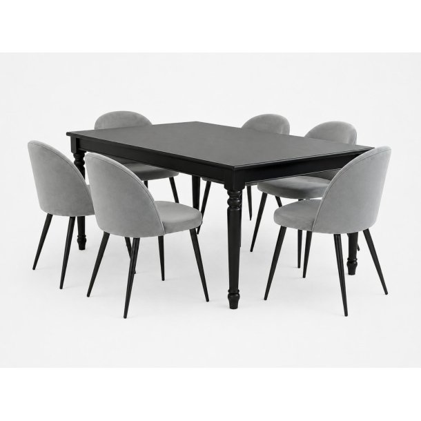 Amaretta Essgruppe Tisch schwarz 6 St�hle Velour grau.