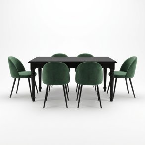 Amaretta Essgruppe Tisch schwarz 6 St�hle Velour gr�n.