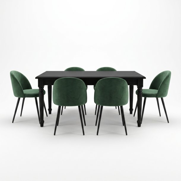 Amaretta matgrupp bord svart 6 stolar velour gr�n.