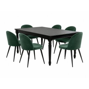 Amaretta Essgruppe Tisch schwarz 6 St�hle Velour gr�n.