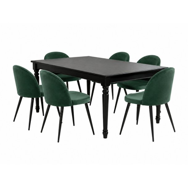 Amaretta Essgruppe Tisch schwarz 6 St�hle Velour gr�n.
