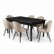 Amaretta matgrupp bord svart 6 stolar sammet beige.
