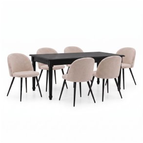 Amaretta ensemble pour salle � manger table noir 100x180/280 incl. 2 rallonges, 6 chaises boucl� beige.