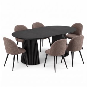 Tokyo ensemble pour salle � manger table � manger noir �120x120-160-200 incl. 2 rallonges, 6 chaises boucl� marron.