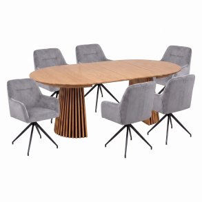Tokyo Essgruppe Tisch 120x120/160/200cm inkl. 2 Einlegeplatten Eiche naturfarben und 6 Moon St�hle Velours grau.