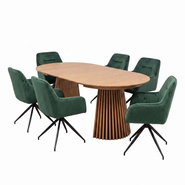 Tokyo Essgruppe Tisch 120x120/160/200cm inkl. 2 Einlegeplatten Eiche naturfarben und 6 Moon St�hle Velours gr�n.
