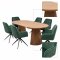 Tokyo Essgruppe Tisch 120x120/160/200cm inkl. 2 Einlegeplatten Eiche naturfarben und 6 Moon St�hle Velours gr�n.