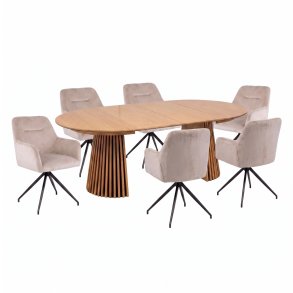 Tokyo Essgruppe Tisch 120x120/160/200cm inkl. 2 Einlegeplatten Eiche naturfarben und 6 Moon St�hle Velours beige.