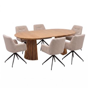 Tokyo Essgruppe Tisch 120x120/160/200cm inkl. 2 Einlegeplatten Eiche naturfarben und 6 Moon St�hle boucle beige.