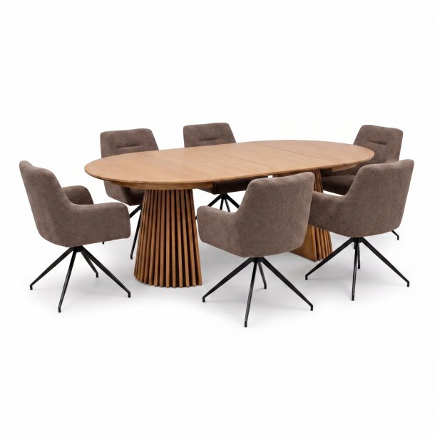 Tokyo Essgruppe Tisch 120x120/160/200cm inkl. 2 Einlegeplatten Eiche naturfarben und 6 Moon St�hle boucle braun.