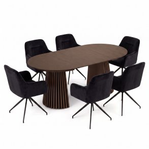 Tokyo Essgruppe Tisch 120x120/160/200cm inkl. 2 Einlegeplatten Eiche Smoked und 6 Moon St�hle Velours schwarz.