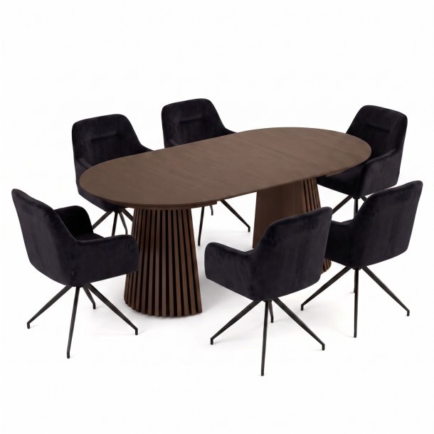 Tokyo Essgruppe Tisch 120x120/160/200cm inkl. 2 Einlegeplatten Eiche Smoked und 6 Moon St�hle Velours schwarz.