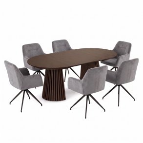 Tokyo Essgruppe Tisch 120x120/160/200cm inkl. 2 Einlegeplatten Eiche Smoked und 6 Moon St�hle Velours grau.