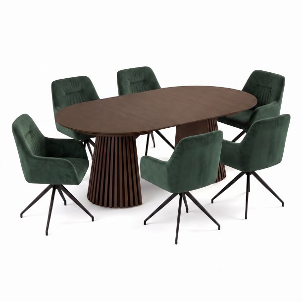 Tokyo Essgruppe Tisch 120x120/160/200cm inkl. 2 Einlegeplatten Eiche Smoked und 6 Moon St�hle Velours gr�n.