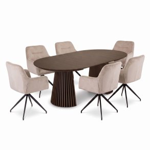 Tokyo Essgruppe Tisch 120x120/160/200cm inkl. 2 Einlegeplatten Eiche Smoked und 6 Moon St�hle Velours beige.