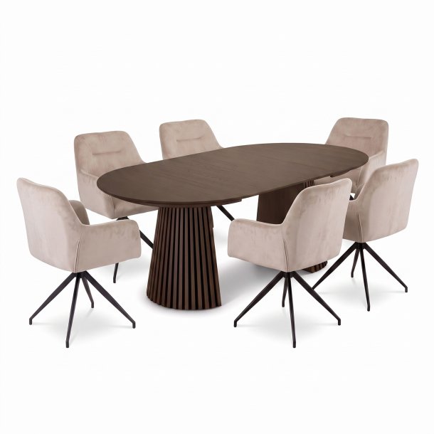 Tokyo Essgruppe Tisch 120x120/160/200cm inkl. 2 Einlegeplatten Eiche Smoked und 6 Moon St�hle Velours beige.