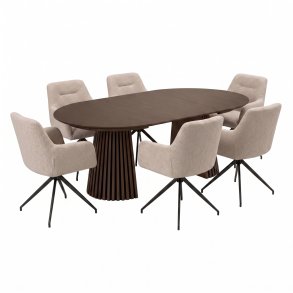 Tokyo Essgruppe Tisch 120x120/160/200cm inkl. 2 Einlegeplatten Eiche Smoked und 6 Moon St�hle boucle beige.