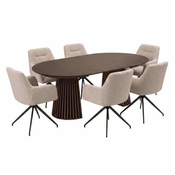 Tokyo Essgruppe Tisch 120x120/160/200cm inkl. 2 Einlegeplatten Eiche Smoked und 6 Moon St�hle boucle beige.