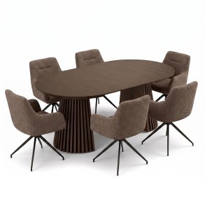 Tokyo Essgruppe Tisch 120x120/160/200cm inkl. 2 Einlegeplatten Eiche Smoked und 6 Moon St�hle boucle braun.