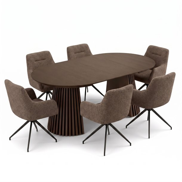 Tokyo Essgruppe Tisch 120x120/160/200cm inkl. 2 Einlegeplatten Eiche Smoked und 6 Moon St�hle boucle braun.