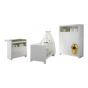 Olja  Kindermöbelset, Kinderbett, Wickelkommode und 3-türiger Schrank, weiss.