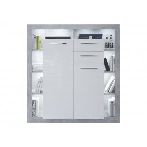 Rominia kredens 2 drzwi, 2 szuflady i 8 półek, dekor beton, biały, biały wysoki połysk.