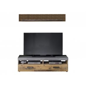 Irina TV Tisch 2 Ablagen und 1 Klapptr, grau Matera, Old Wood Dekor.