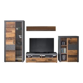 Irina bokhylla uppsttning med belysning p glashyllor, gammalt tr-look, gr trmnstrad.