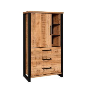 Enna Vitrinenschrank 1 T�r, 3 Schubladen, 3 Regale Mango-Dekor.