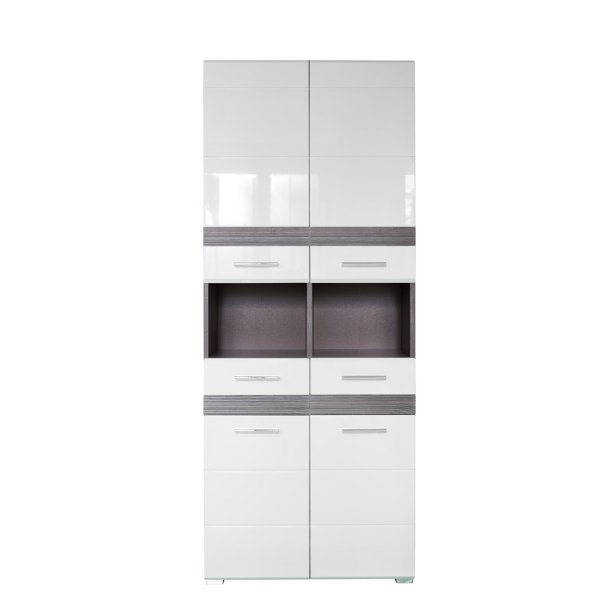 SetOne Bad Hochschrank 4 Türen, 2 Schubladen, 2 Offene Fächer rauchsilber, weiß Hochglanz.
