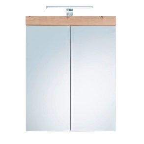 Mobiletto per bagno con specchio AmandaMando, 2 ante, con decoro in rovere chiaro, vetro a specchio.
