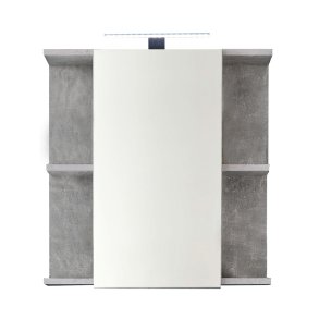 Mobiletto per bagno con specchio nano, 1 anta, 4 vani aperti, con decoro in pietra di cemento chiaro, vetro a specchio.