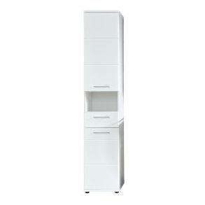 Monte wysoka szafka łazienkowa 2 drzwi, 1 szuflada, 1 otwarta płka biały, biały wysoki połysk.