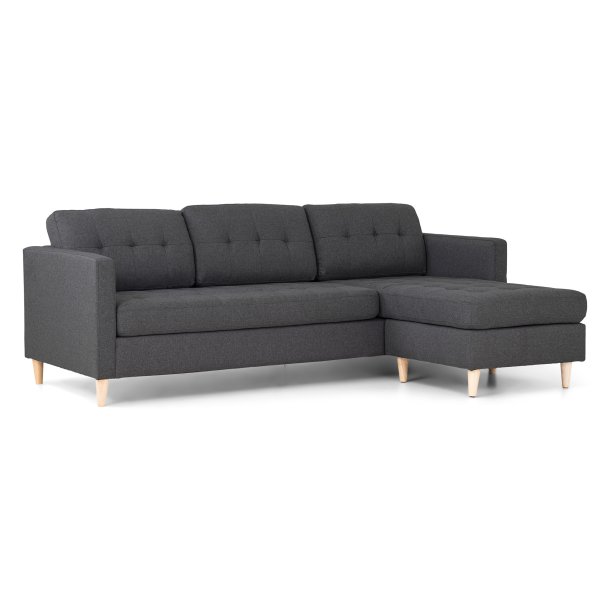 Marino sofa, sjeselongsofa hyre eller venstrevent i stoff mrk gr og med treben.