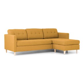 Marino sofa, sjeselongsofa hyre eller venstrevent i stoff karri gul og med treben.