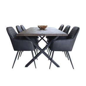 Set da pranzo Tony, 1 tavolo da pranzo e 6 sedie grigio scuro e rovere.