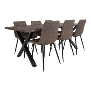 Set da pranzo Tony, 1 tavolo da pranzo e 6 sedie marrone chiaro e rovere.