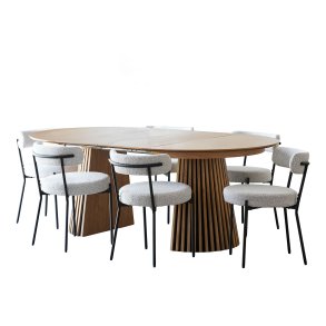 Tokyo spisegrupper spisebord inkl. 2 ileggsplater �120x120-160-200 cm eikefiner og 6 stoler boucl� hvit.