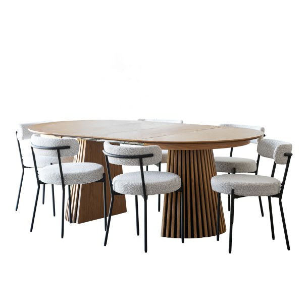Tokyo spisegrupper spisebord inkl. 2 ileggsplater �120x120-160-200 cm eikefiner og 6 stoler boucl� hvit.
