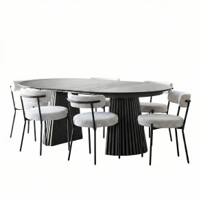 Tokyo spisegrupper spisebord inkl. 2 ileggsplater �120x120-160-200 cm sort og 6 stoler boucl� hvit.