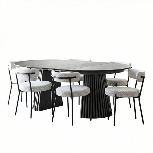 Tokyo spisegrupper spisebord inkl. 2 ileggsplater �120x120-160-200 cm sort og 6 stoler boucl� hvit.