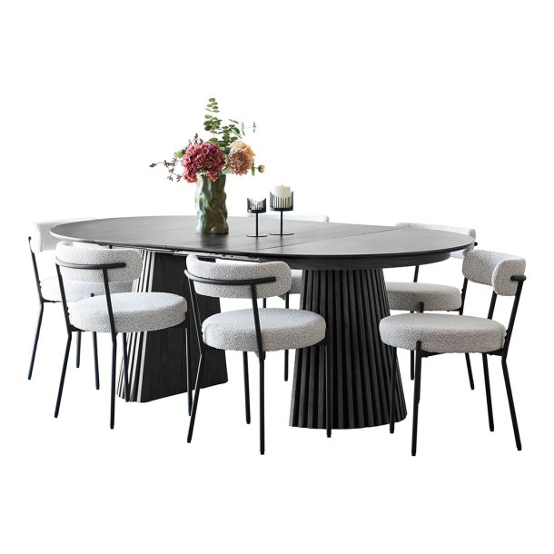 Tokyo Essgruppe Esstisch inkl. 2 Einlegeplatten 120x120-160-200 cm Schwarz und 6 Sthle Boucl Wei.