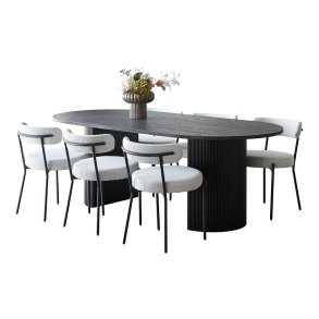 Kyoto matgrupp matbord 100x210 cm mrkbrun och 6 stolar boucl vit.