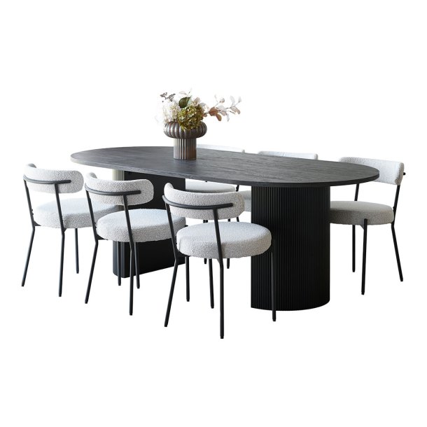 Kyoto matgrupp matbord 100x210 cm mrkbrun och 6 stolar boucl vit.
