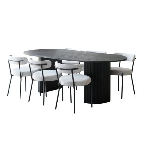 Kyoto spisebordss�t spisebord 100x210cm m�rkebrun og 6 stole boucl� hvid.