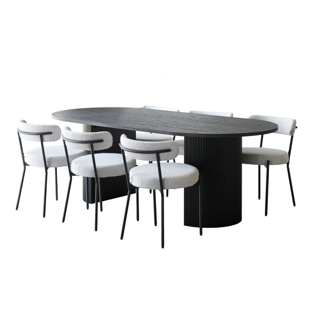 Kyoto Essgruppe Esstisch 100x210 cm Dunkelbraun und 6 St�hle Boucl� Wei�.