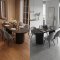 Kyoto Essgruppe Esstisch dunkelbraun, 6 St�hle aus grauem Velours.