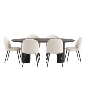 Kyoto matgrupp matbord mrkbrun, 6 stolar i beige sammet.