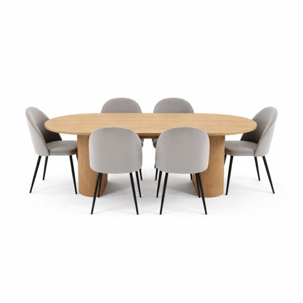 Kyoto eethoek eettafel 100x210cm natuur, 6 stoelen velours grijze.